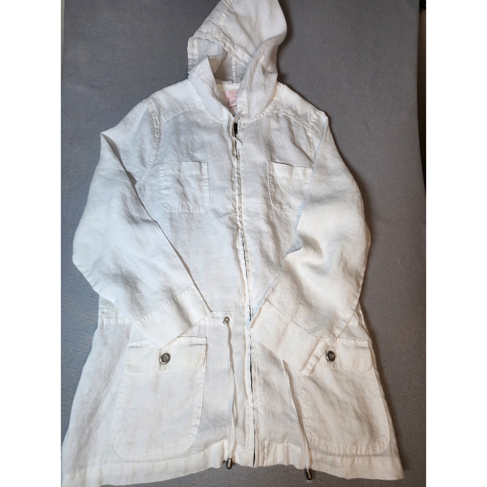 St. Tropez West Womens XL White 100% Linen Hooded Utility Zip Up Jacket Hooded
